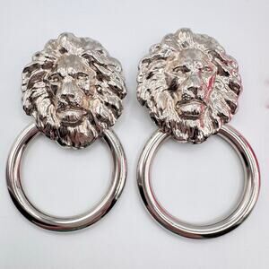 Vintage HUGE Lion Head Door Knocker Earrings Silver Tone Kitschy Gaudy Statement